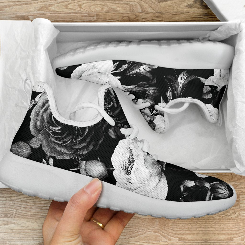 Black White Rose Floral Pattern Print Mesh Knit Shoes GearFrost
