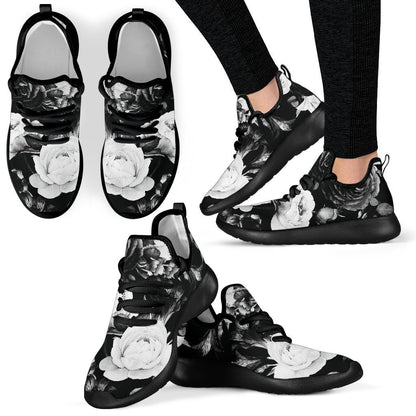 Black White Rose Floral Pattern Print Mesh Knit Shoes GearFrost