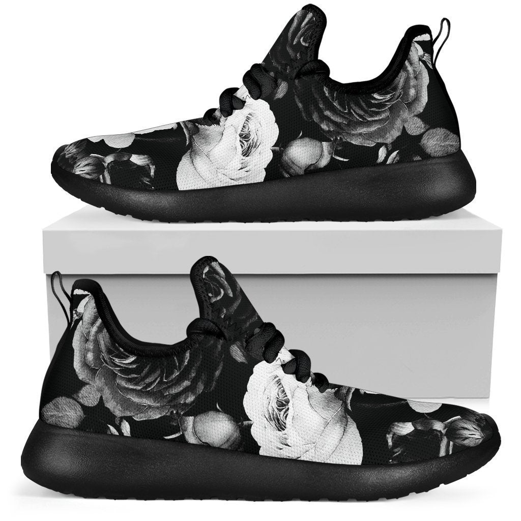 Black White Rose Floral Pattern Print Mesh Knit Shoes GearFrost