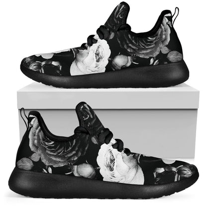 Black White Rose Floral Pattern Print Mesh Knit Shoes GearFrost