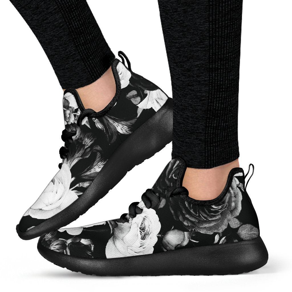 Black White Rose Floral Pattern Print Mesh Knit Shoes GearFrost