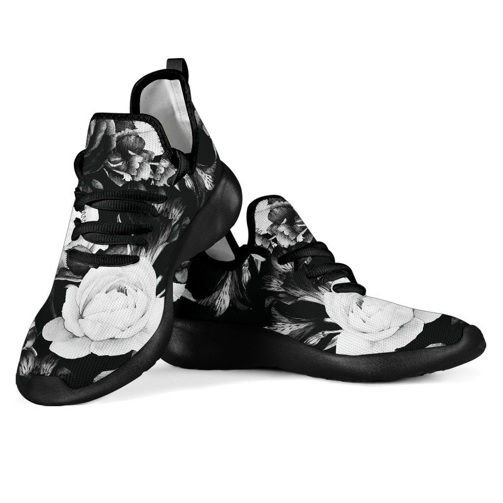 Black White Rose Floral Pattern Print Mesh Knit Shoes GearFrost