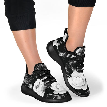 Black White Rose Floral Pattern Print Mesh Knit Shoes GearFrost