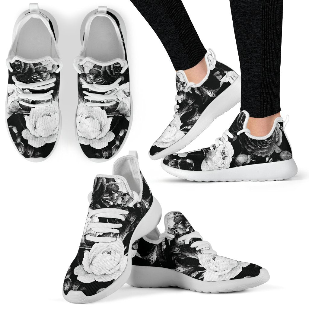 Black White Rose Floral Pattern Print Mesh Knit Shoes GearFrost