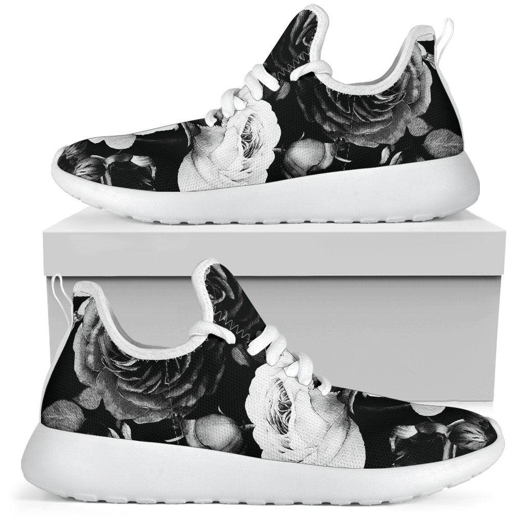 Black White Rose Floral Pattern Print Mesh Knit Shoes GearFrost