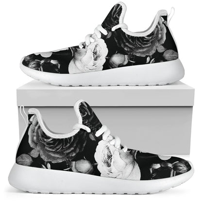 Black White Rose Floral Pattern Print Mesh Knit Shoes GearFrost
