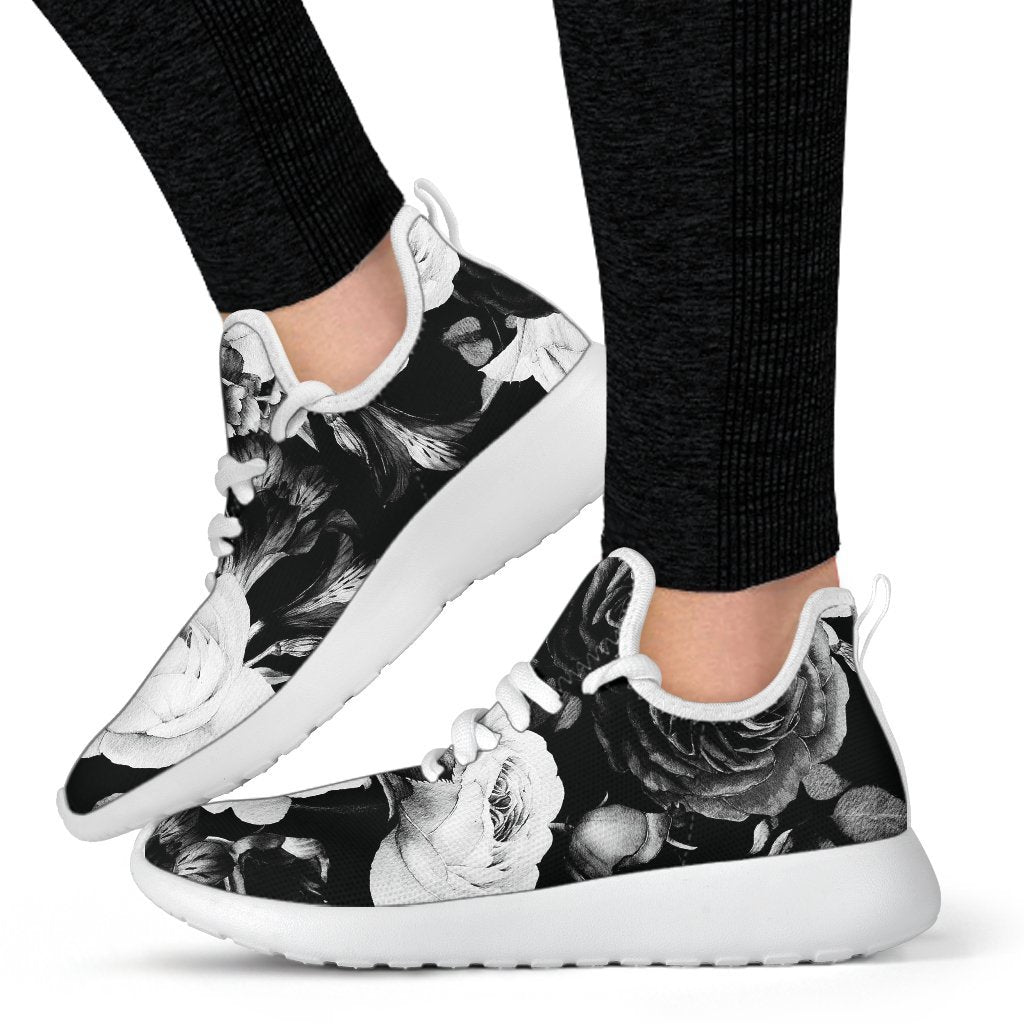 Black White Rose Floral Pattern Print Mesh Knit Shoes GearFrost