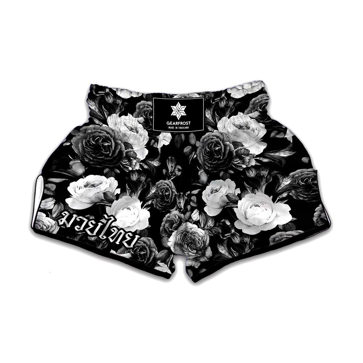 Black White Rose Floral Pattern Print Muay Thai Boxing Shorts