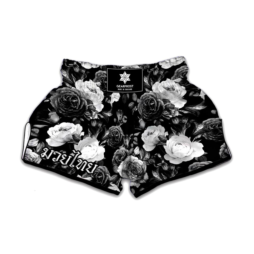 Black White Rose Floral Pattern Print Muay Thai Boxing Shorts