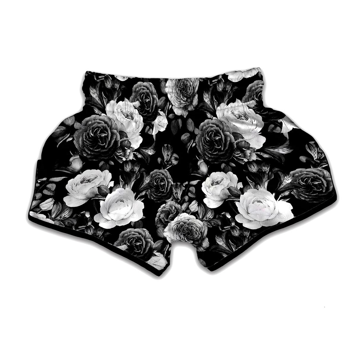 Black White Rose Floral Pattern Print Muay Thai Boxing Shorts