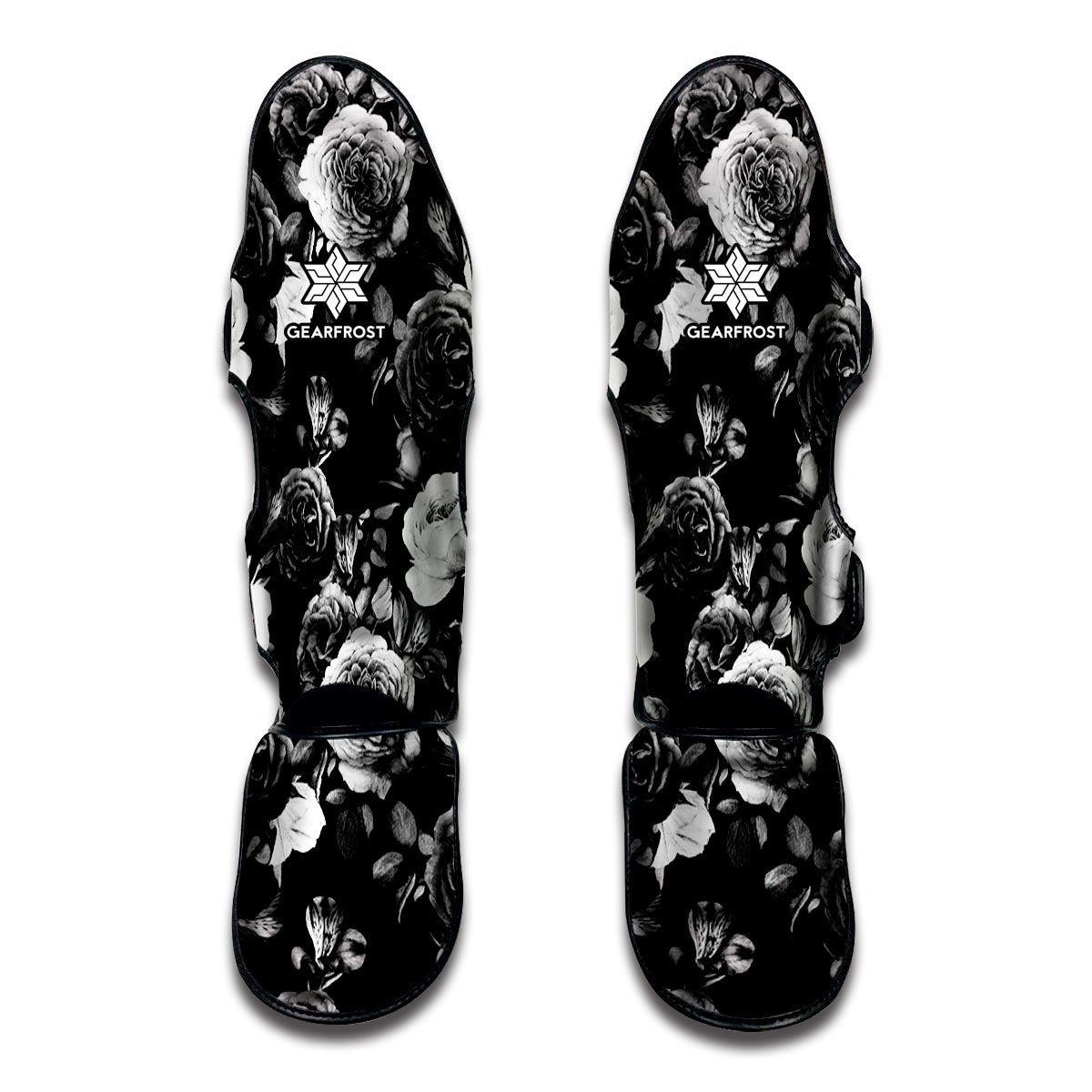 Black White Rose Floral Pattern Print Muay Thai Shin Guard