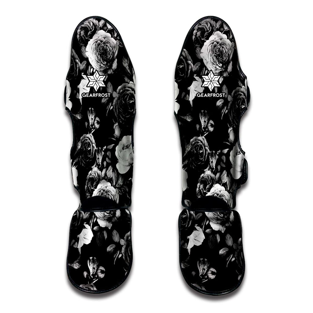 Black White Rose Floral Pattern Print Muay Thai Shin Guard