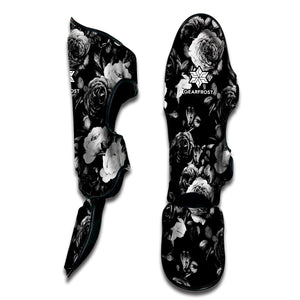 Black White Rose Floral Pattern Print Muay Thai Shin Guard