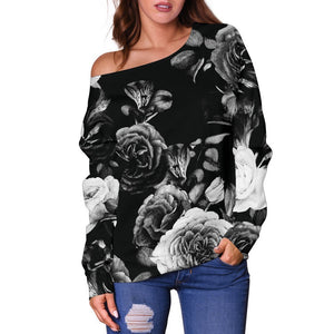 Black White Rose Floral Pattern Print Off Shoulder Sweatshirt GearFrost