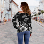 Black White Rose Floral Pattern Print Off Shoulder Sweatshirt GearFrost