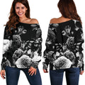 Black White Rose Floral Pattern Print Off The Shoulder Sweatshirt