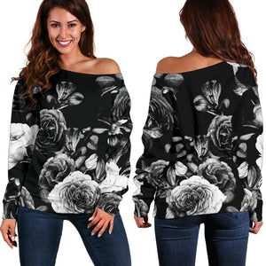 Black White Rose Floral Pattern Print Off Shoulder Sweatshirt GearFrost