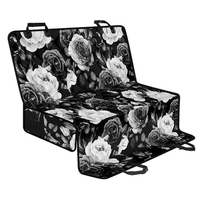 Black White Rose Floral Pattern Print Pet Car Back Seat Cover