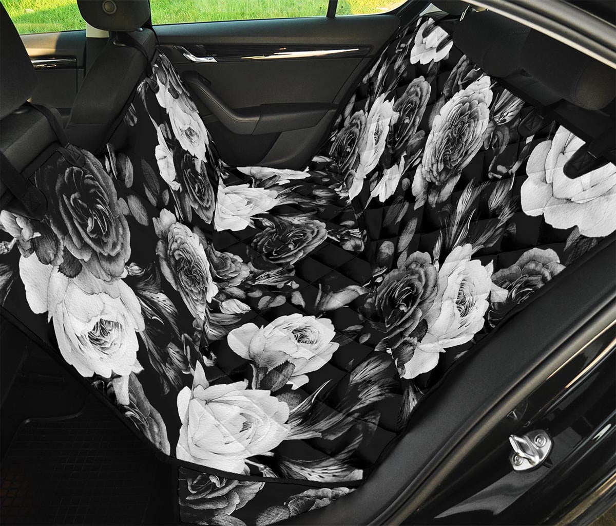 Black White Rose Floral Pattern Print Pet Car Back Seat Cover