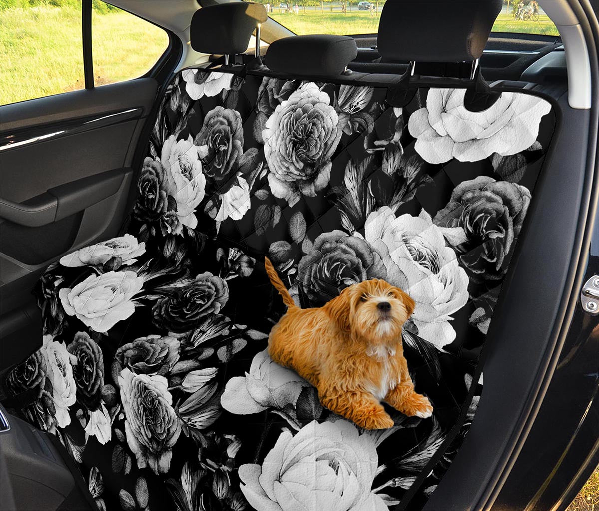 Black White Rose Floral Pattern Print Pet Car Back Seat Cover