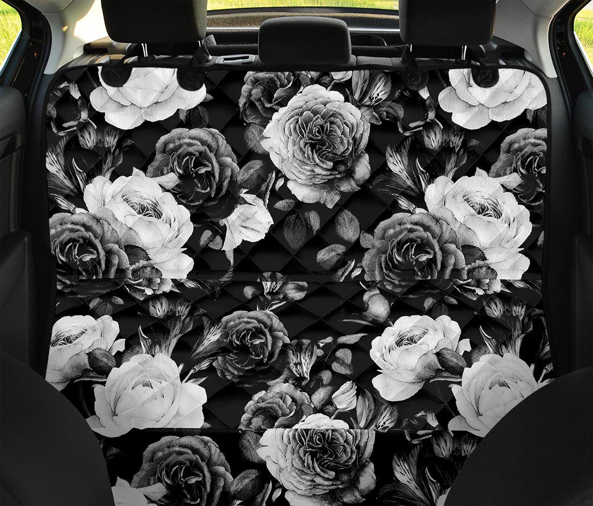 Black White Rose Floral Pattern Print Pet Car Back Seat Cover