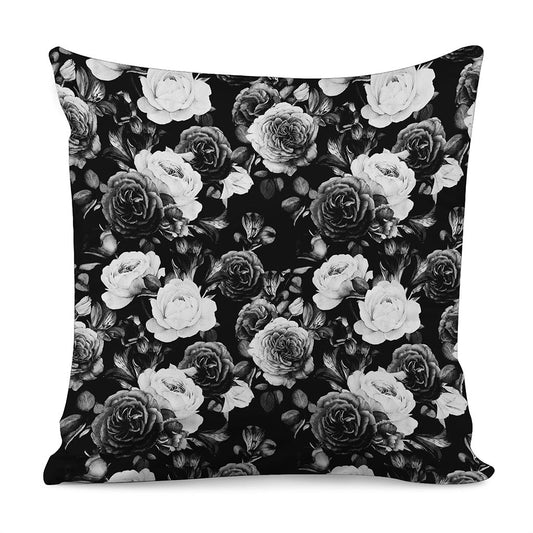 Black White Rose Floral Pattern Print Pillow Cover