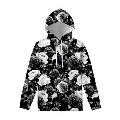 Black White Rose Floral Pattern Print Pullover Hoodie