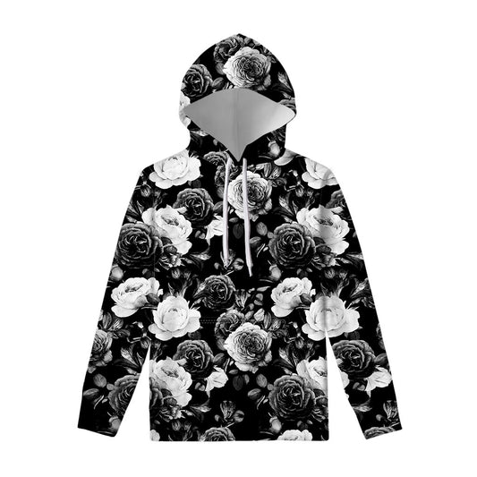Black White Rose Floral Pattern Print Pullover Hoodie
