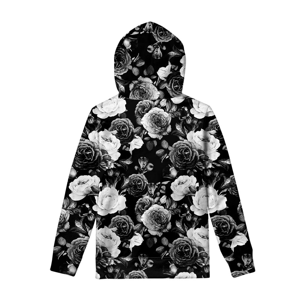 Black White Rose Floral Pattern Print Pullover Hoodie