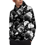 Black White Rose Floral Pattern Print Pullover Hoodie