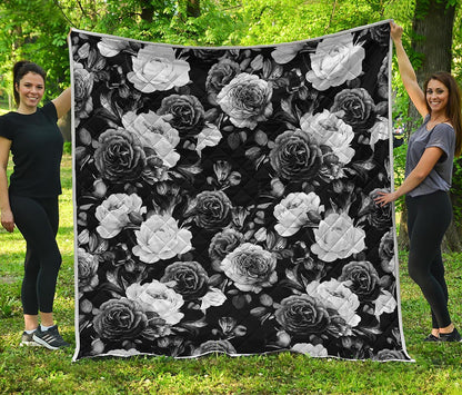Black White Rose Floral Pattern Print Quilt