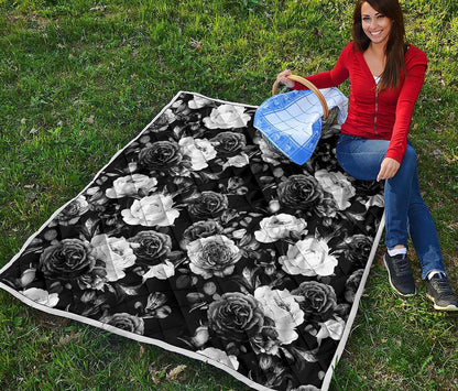 Black White Rose Floral Pattern Print Quilt