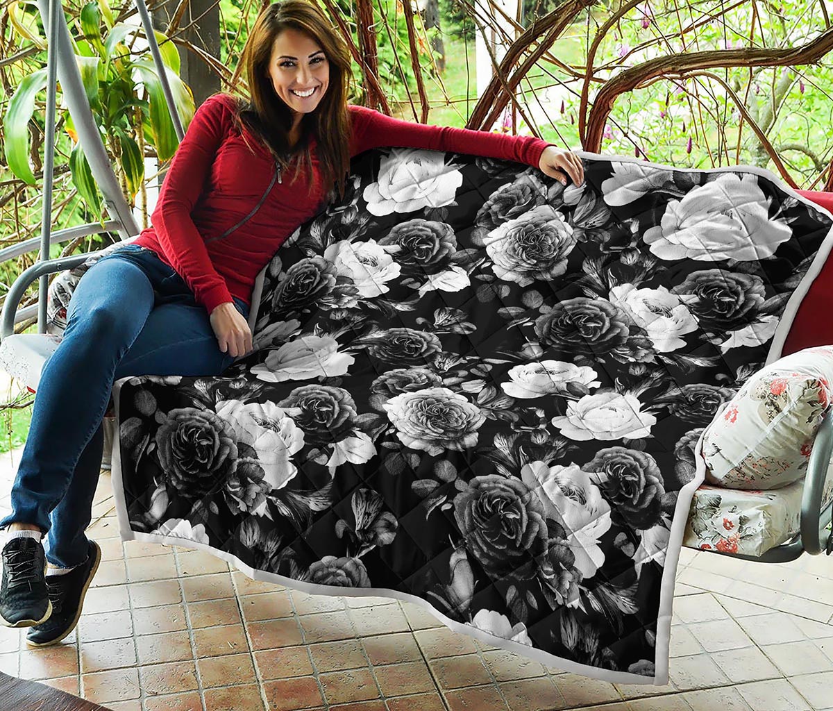 Black White Rose Floral Pattern Print Quilt
