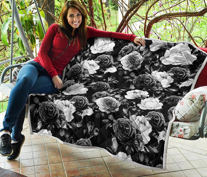 Black White Rose Floral Pattern Print Quilt