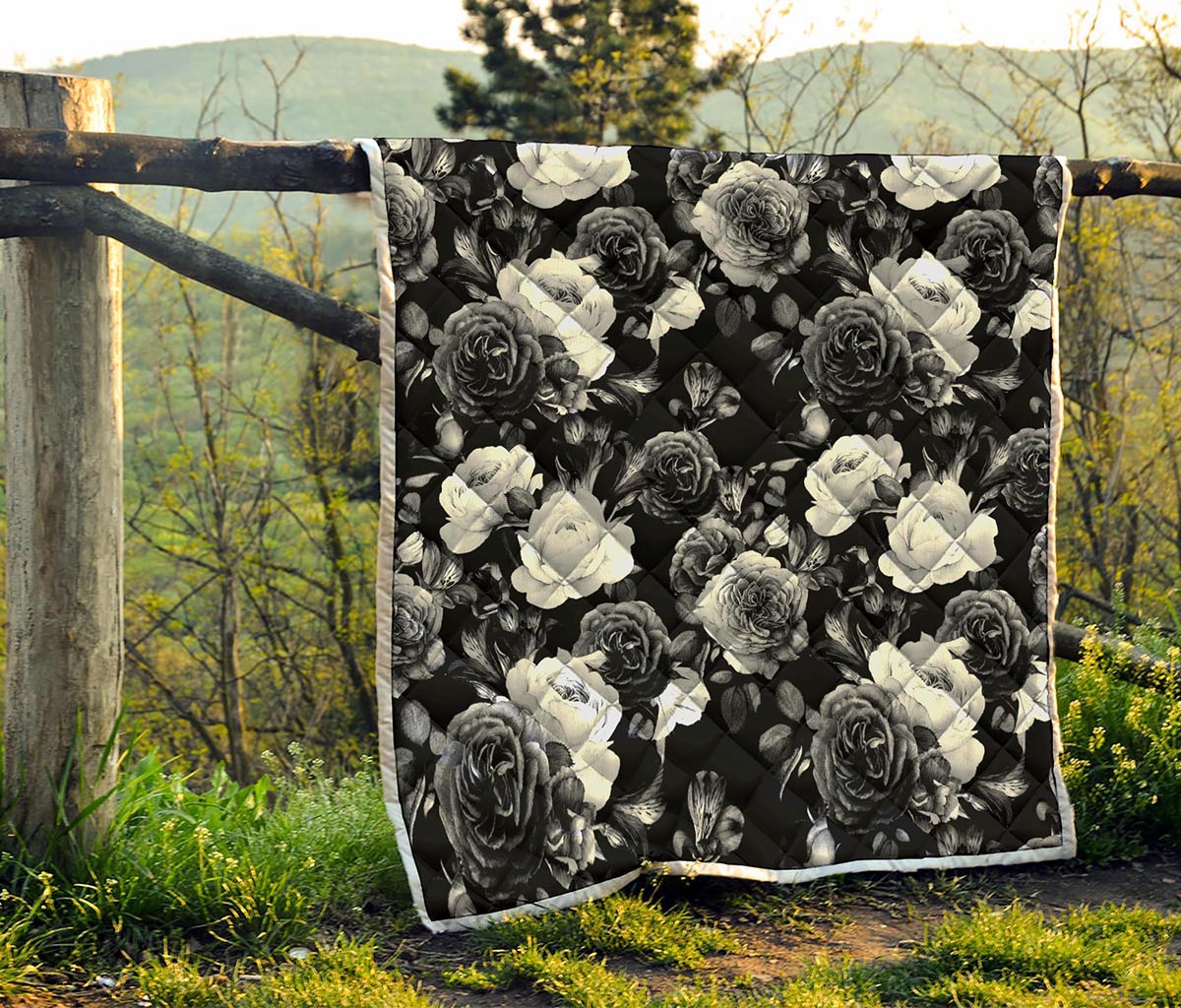 Black White Rose Floral Pattern Print Quilt
