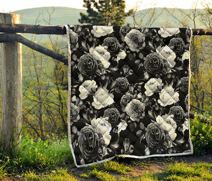Black White Rose Floral Pattern Print Quilt