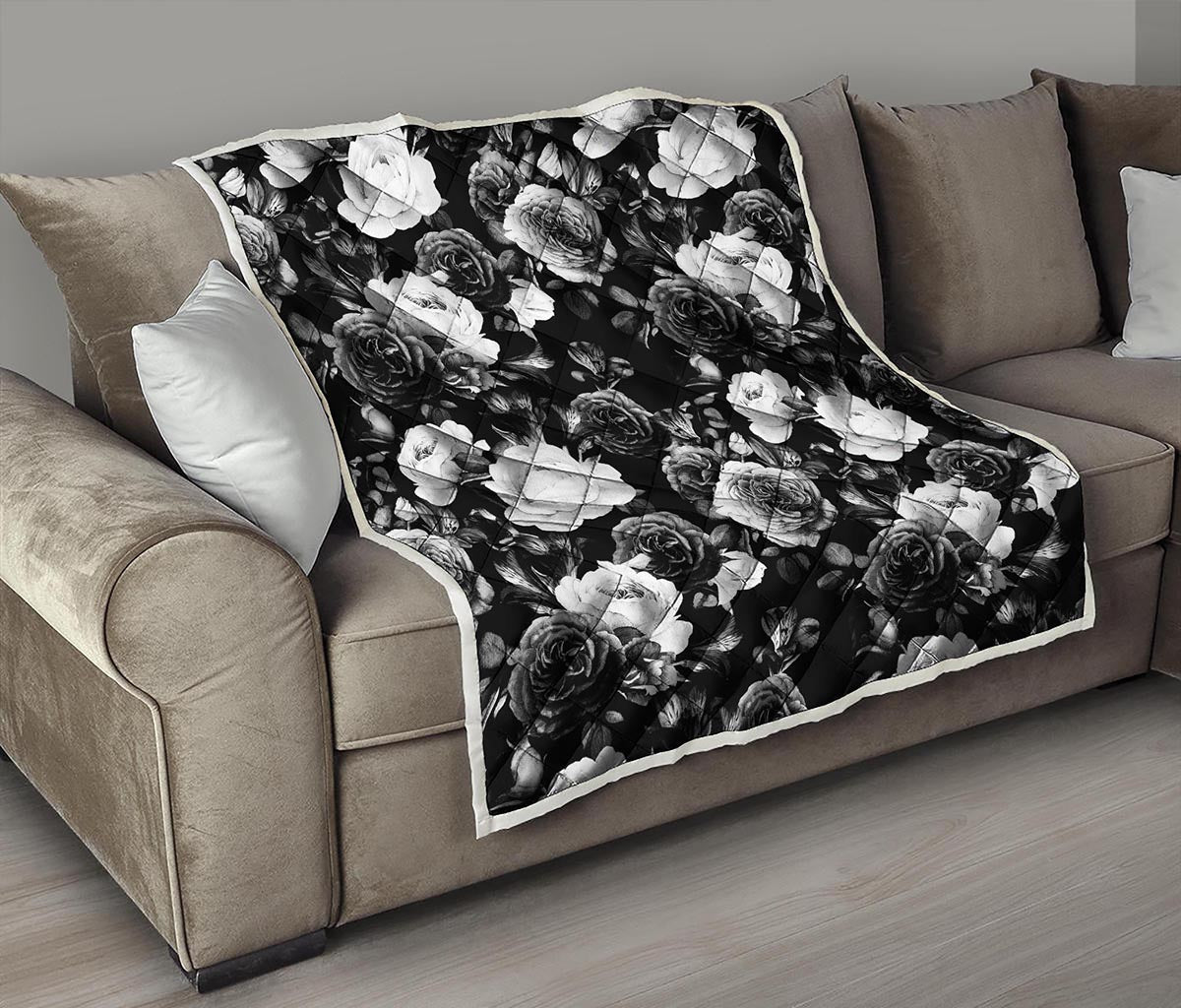 Black White Rose Floral Pattern Print Quilt
