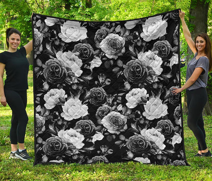 Black White Rose Floral Pattern Print Quilt