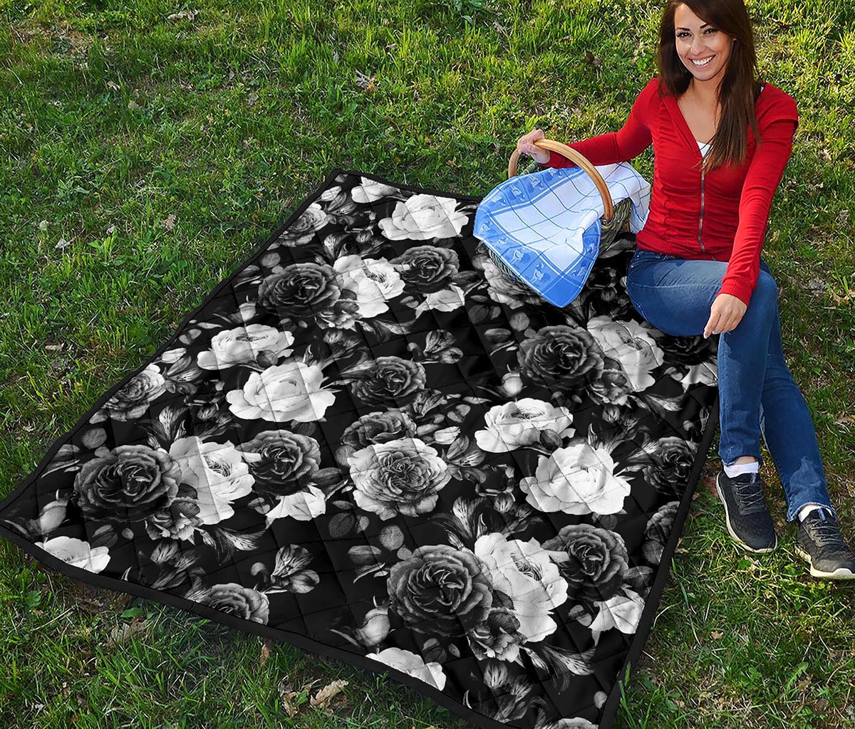 Black White Rose Floral Pattern Print Quilt