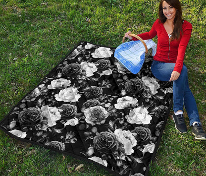 Black White Rose Floral Pattern Print Quilt