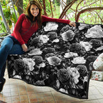 Black White Rose Floral Pattern Print Quilt