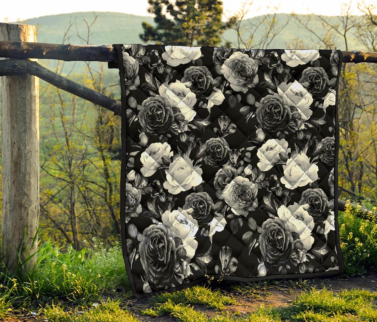 Black White Rose Floral Pattern Print Quilt