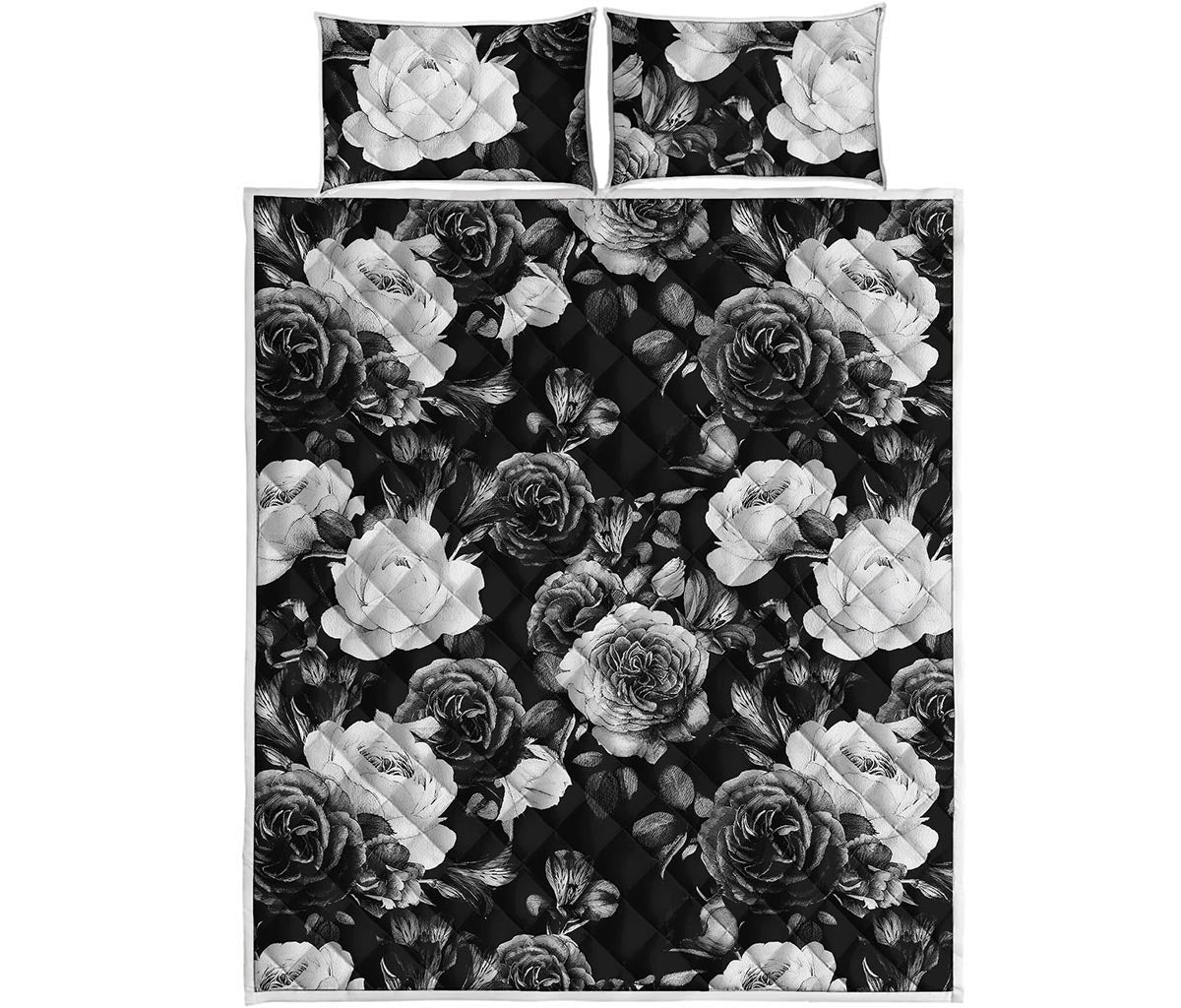 Black White Rose Floral Pattern Print Quilt Bed Set