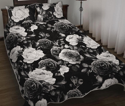 Black White Rose Floral Pattern Print Quilt Bed Set