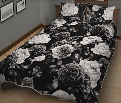 Black White Rose Floral Pattern Print Quilt Bed Set