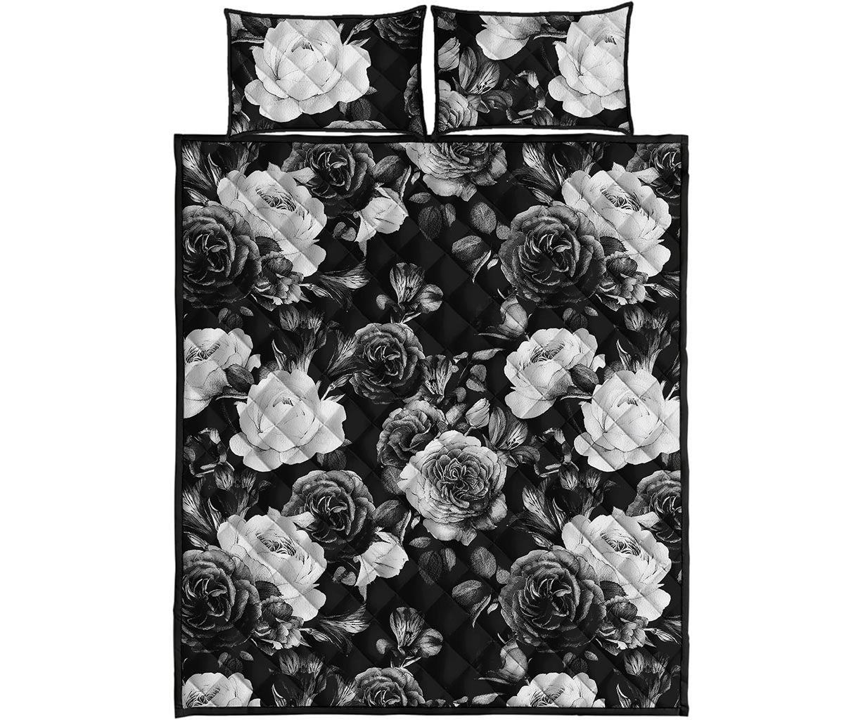 Black White Rose Floral Pattern Print Quilt Bed Set