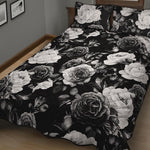 Black White Rose Floral Pattern Print Quilt Bed Set