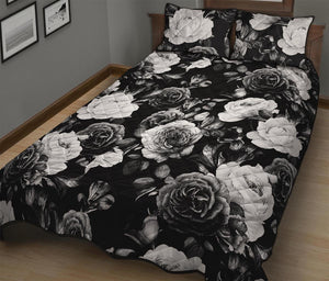 Black White Rose Floral Pattern Print Quilt Bed Set