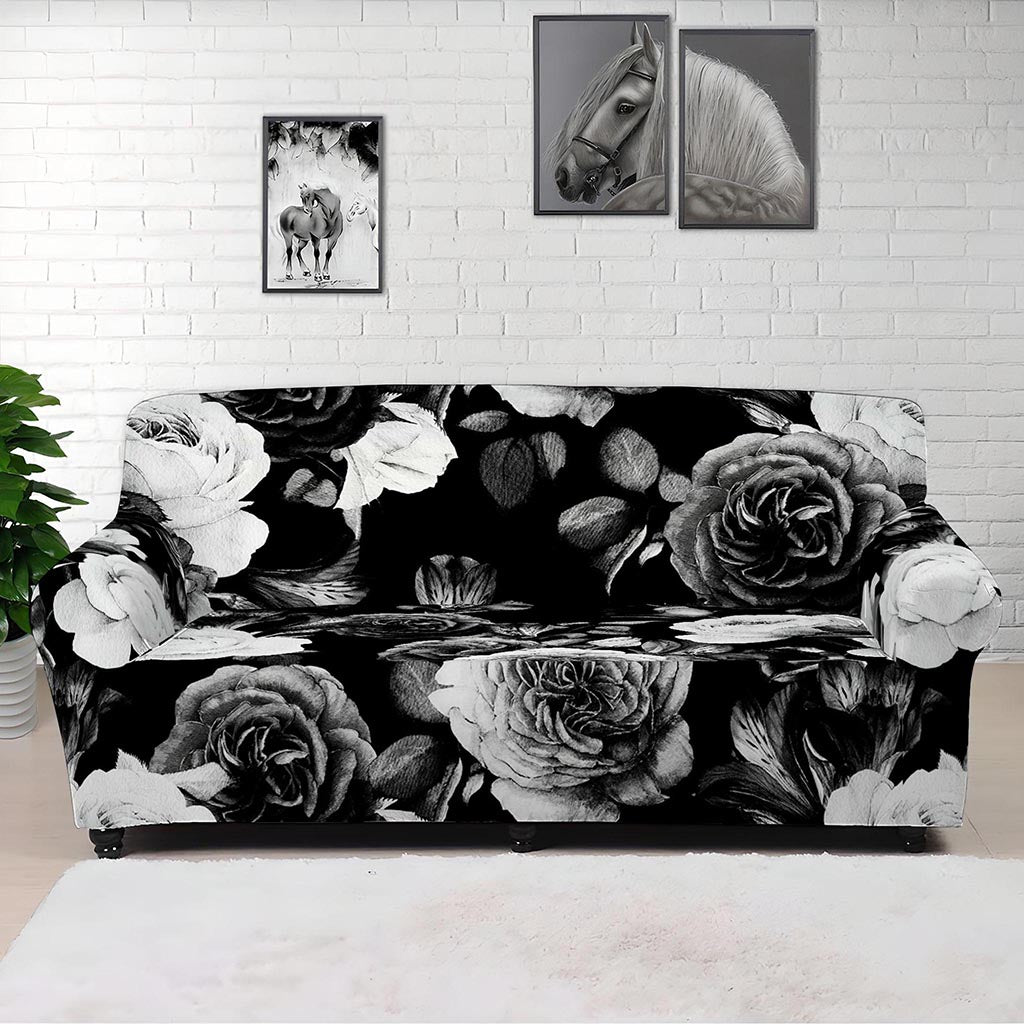 Black White Rose Floral Pattern Print Sofa Cover