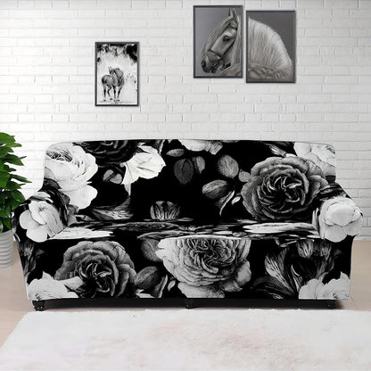 Black White Rose Floral Pattern Print Sofa Cover